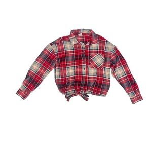 NWT So Blue Red Plaid Tie Waist Cropped Flannel Shirt Size Large Women’s